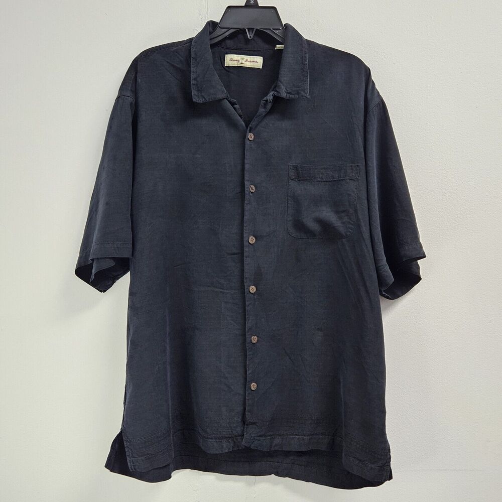 Tommy Bahama Silk Shirt Men's Large Faded Black Short Sleeve Vacation Casual